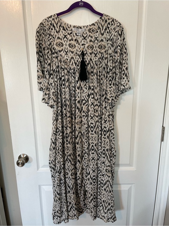 Go Softly Patio Other - Ikat-Print Tassel Zippered Patio Dress in Black and Cream